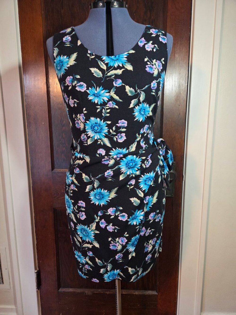 Vintage All That Jazz Black and Blue Sunflower Wrap Sleeveless Mini Dress